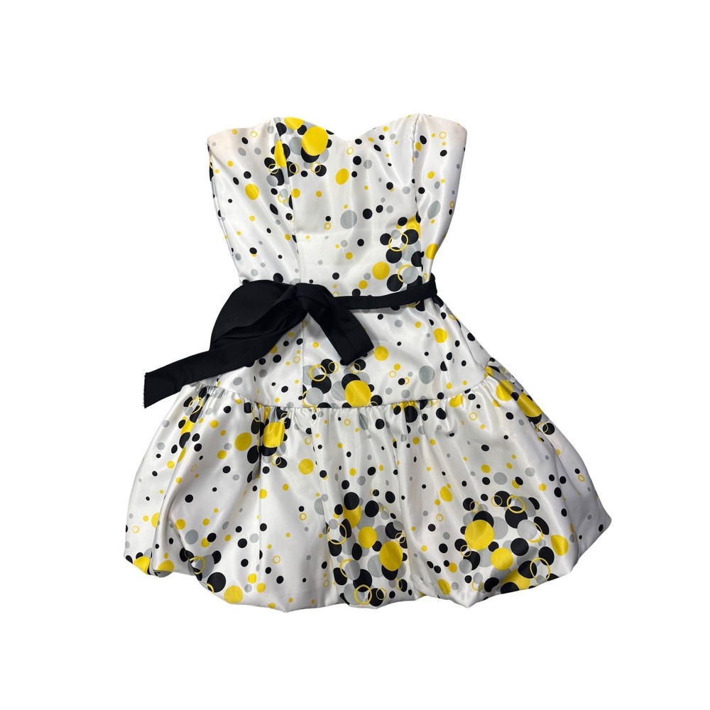 Jessica McClintock Gunne Sax 9 Strapless Polka Dot Bubble Hem Dress White Yellow
